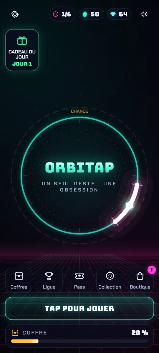 Écran d'accueil d'ORBITAP : un point lumineux tourne sur un anneau néon